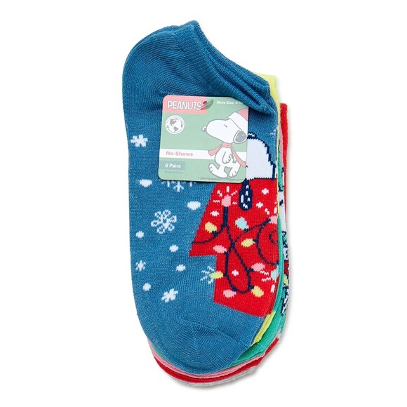 Peanuts Holiday No-Show Socks 6 Pair Shoe Size 4-10 by High Point Design - Picture 3 of 9